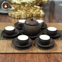 Bộ Ấm Chén Trà Đạo Gốm Tử Sa Bát Tràng Vẽ Vàng Cỏ 3 Lá Dáng Thủy Bình Dung Tích 160ml AHS29