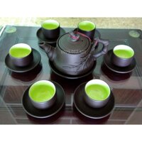 Bộ ấm chén tử sa Bát Tràng đắp nổi trúc đen - ấm to 450ml