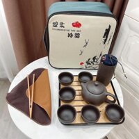 Bộ Ấm Chén Tử Sa Du Lịch Bộ Bình Trà Gốm Sứ 10 Món Tặng Kèm Túi Khăn Lau Cao Cấp (GDHT)