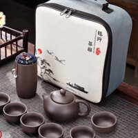Bộ Ấm Chén Tử Sa Du Lịch Bộ Bình Trà Gốm Sứ 12 Món Tặng Kèm Túi Khăn Lau Cao Cấp