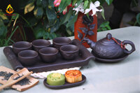 Bộ ấm chén tử sa quả đào khay chữ nhật Bát Tràng