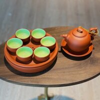 Bộ ấm chén tử sa trơn dáng hồng trà, chén lòng xanh, 2 màu đỏ đen dung tích 200m