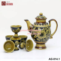 Bộ ấm chén uống rượu men cổ Bát Tràng vẽ hoa cúc