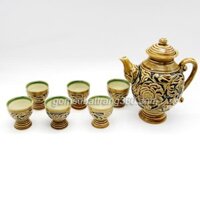 Bộ Ấm Chén Uống Rượu Nhỏ Khắc Nổi Hoa Phù Dung Vàng