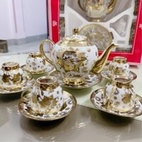 Bộ ấm chén uống trà hoàng gia, hoạ tiết nhũ vàng trọn bộ, ly tách uống trà GỒM 1 ẤM + 6 CHÉN