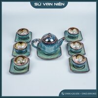 Bộ ấm chén uống trà, men hoả biến Bát Tràng - Dáng ấm quả hồng men hoả biến xanh - không kèm khay gỗ