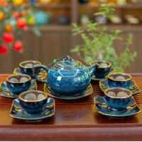 Bộ Ấm Chén Uống Trà Men Hoả Biến Thiên thanh,Dáng Quả Hồng,Gốm Sứ Bát Tràng Cao Cấp