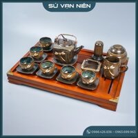Bộ ấm chén uống trà, men hoả biến Bát Tràng - Dáng ấm Vai Vuông men hoả biến hoạ tiết chuồn chuồn - không kèm khay gỗ