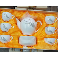 Bộ ấm chén uống trà sứ hàn quốc cao cấp màu trắng hoạ tiết, kèm hộp sang trọng