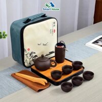Bộ Ấm Chén Uống Trà Tử Sa 6 Chén 4 Chén  Bộ Ấm Chén Trà Đạo Sứ Thanh Kèm Túi Đựng Xách Tay