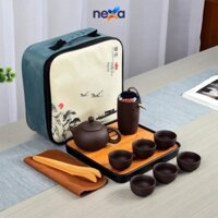 Bộ Ấm Chén Uống Trà Tử Sa 6 Chén 4 Chén  Bộ Ấm Chén Trà Đạo Sứ Thanh Kèm Túi Đựng Xách Tay