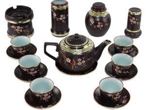 Bộ ấm chén vai vuông khắc hoa mai - bọc đồng