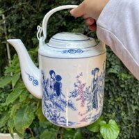 Bộ Ấm Tích Men Lam Vẽ Cô Gái  Tích 1.5 -2 lít  Ủ Chè Xanh, Ấm Tích Sứ, Ấm Tích Hãm Trà