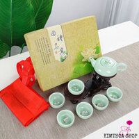 Bộ ấm trà 6 chén men ngọc hình cá 3D đẹp mắt kèm hộp đựng làm quà tặng sang trọng