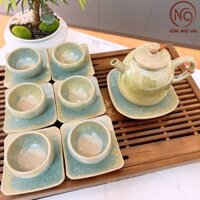 Bộ ấm trà đạo Ngọc bách hoa phú quý dáng hạt đỗ Men Hỏa Biến, Bộ ấm chén gốm sứ Bát Tràng Gốm Ngô Gia TTG03