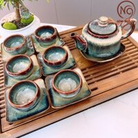 Bộ ấm trà đạo Vuông Eo Thiên Mục  Men Hỏa Biến, Bộ ấm chén gốm sứ Bát Tràng LilyDecorHome