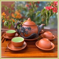 Bộ ấm trà, đắp nổi hoa phù dung gốm sứ Bát Tràng cao cấp bộ ấm chén tử sa màu nâu đen