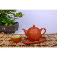 Bộ ấm trà độc ẩm gốm Bát Tràng khắc hoa