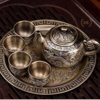 Bộ ấm trà đồng Long Phụng Sum Vầy Bộ ấm trà 4 -6 ly cao cấp hoa văn họa tiết Long Phụng phú quý đại cát - 4 Ly