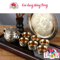 Bộ ấm trà đồng Long Phụng sum họp | Bộ ấm chén 6 ly thời thượng hình họa hoa văn Long Phụng sang giàu đại cát
