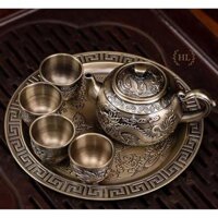 Bộ ấm trà đồng Long Phụng Sum Vầy Bộ ấm trà 4 -6 ly cao cấp hoa văn họa tiết Long Phụng phú quý đại cát - 6 Ly
