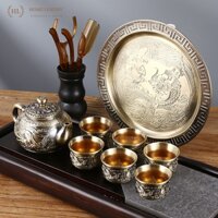 Bộ ấm trà đồng Long Phụng Sum Vầy | Bộ ấm chén 6 ly cao cấp hoa văn họa tiết Long Phụng phú quý đại cát