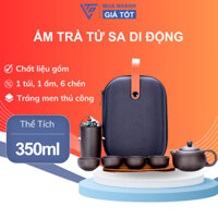 Bộ Ấm Trà Du Lịch Gốm Tráng Men Cao Cấp, 4 Chén, Thiết Kế Thủ Công, Kèm Túi Đựng Xếch Tay Tiện Lợi Mang Đi Du Lịch