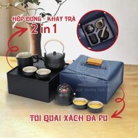 Bộ ấm trà du lịch phong cách Nhật Bản, bộ ấm chén trà đạo 9 chi tiết tiện lợi (Tặng kèm khay và túi da cao cấp)