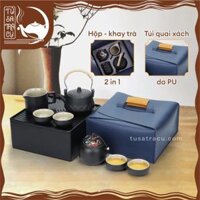 Bộ ấm trà du lịch phong cách Nhật Bản, bộ ấm chén trà đạo 9 chi tiết tiện lợi (Tặng kèm khay và túi da cao cấp)