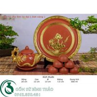 Bộ ấm trà hoa phù dung dát vàng 18k tử sa Bát Tràng