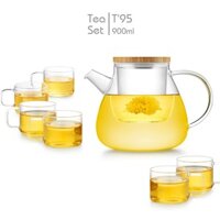 Bộ ấm Trà Hoa thủy tinh chịu nhiệt T95 ( Ấm 900ml + 6 tách 100ml ) - Bộ bình trà hoa chịu nhiệt Samahome Shop