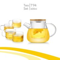 Bộ ấm trà hoa thủy tinh T94 ( Ấm 600ml + 4 tách 100ml ) - Bộ bình trà thủy tinh cao cấp chịu nhiệt T95 - Samahome Shop