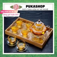 Bộ Ấm Trà Puka Ấm Thủy Tinh Trong Suốt Chịu Nhiệt Tốt Size 600ml 6 Ly Có Quai Kèm Khay Trúc Size Lớn Có Đĩa Lót Ly BAT12