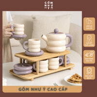 Bộ ấm trà sứ Donut cao cấp + 6 cốc sứ + đĩa kê + khay gỗ tre - Decor Như Ý