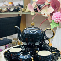 Bộ Ấm Trà Sứ Màu Xanh Đen Kèm Khay Tròn Xoay 360 Độ Sang Trọng Decor Tết