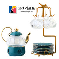 Bộ ấm trà thủy tinh bếp nến Green 컵  KG-00689