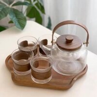 Bộ ấm trà thủy tinh borosilicat chịu nhiệt cao nắp gỗ. Bộ bình trà thủy tinh có bán lẻ
