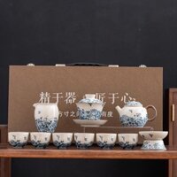 Bộ ấm trà Tiệm Trà Tiểu Bảo bộ ấm chén gốm sứ cao cấp Trung Hoa họa tiết hoa sen, giả cổ có kèm hộp sang trọng