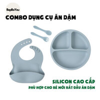 Bộ ăn dặm cho bé bằng silicon Bếp Bố Yêu - Combo Yếm ăn dặm cho bé, Khay ăn dặm, thìa ăn dặm cho bé, an toàn, dễ vệ sinh