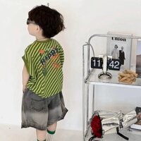Bộ Áo Ba Lỗ Kẻ Sọc + Quần Short Denim Thời Trang Hàn Quốc Cho Bé Trai 2-8 Tuổi