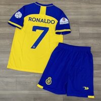 Bộ áo bóng đá in tên RONALDO clb Al Nassr vàng thun mè DK có LG tay giải đấu