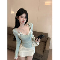 Bộ áo camisole nữ thiết kế thời trang, áo hai dây dây ruy băng, áo thun sexy tay dài nơ Z5WB