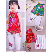 Bộ áo cổ yếm quần lửng hoa chăn công mùa hè cho bé.