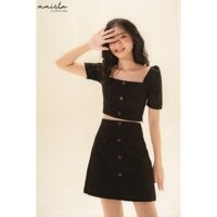 Bộ áo croptop cổ vest và chân váy chữ A xẻ lệch một bên MMista BT072010