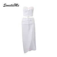 Bộ Áo Croptop Màu Trơn + Chân Váy Dài Xẻ Tà Lưng Thấp Thời Trang Quyến Rũ Cho Nữ SweeticMe 2023