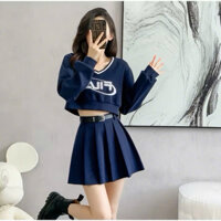 Bộ Áo Croptop Nỉ Dài Tay Phối Chân Váy Dập Ly Kèm Đai ,Dày Dặn, Thời Trang phong cách Hàn Quốc