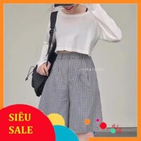 Bộ Áo Croptop Quần Sooc Kẻ , Set Áo Crt Dài Tay Quần Đùi Ống Rộng B024