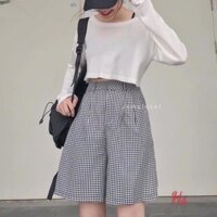 Bộ Áo Croptop Quần Sooc Kẻ , Set Áo Crt Dài Tay Quần Đùi Ống Rộng B024