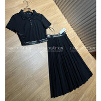 Bộ áo croptop và chân váy xếp ly phối cạp chữ hàng xuất dư xịn, vải thun mềm co giãn
