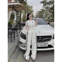 Bộ áo croptop và quần ống rộng thêu gấu vải gân tăm mềm mát